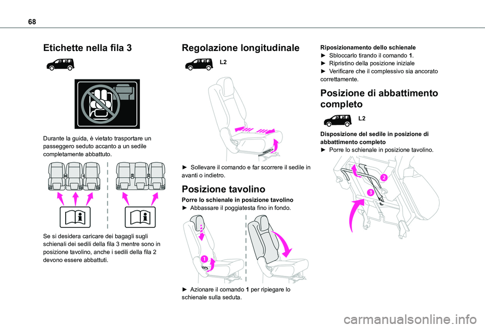 TOYOTA PROACE CITY VERSO 2022  Manuale duso (in Italian) 68
Etichette nella fila 3 
  
 
Durante la guida, è vietato trasportare un passeggero seduto accanto a un sedile completamente abbattuto. 
 
Se si desidera caricare dei bagagli sugli schienali dei se