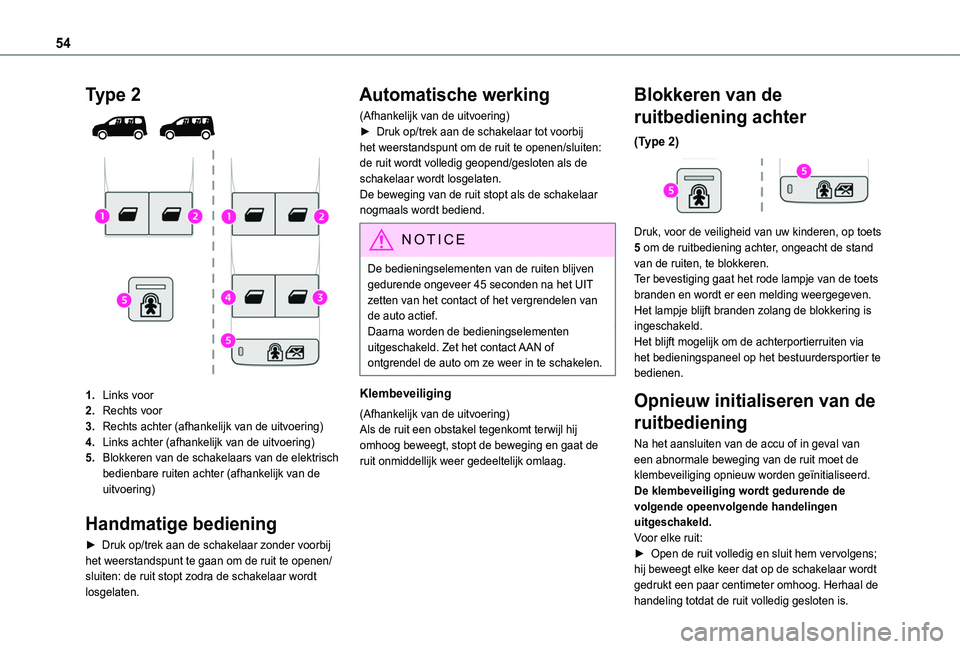 TOYOTA PROACE CITY VERSO 2022 Instructieboekje (in Dutch) 54
Type 2
1.Links voor
2.Rechts voor
3.Rechts achter (afhankelijk van de uitvoering)
4.Links achter (afhankelijk van de uitvoering)
5.Blokkeren van de schakelaars van de elektrisch bedienbare ruite TOYOTA PROACE CITY VERSO 2022 Instructieboekje (in Dutch) 54
Type 2
1.Links voor
2.Rechts voor
3.Rechts achter (afhankelijk van de uitvoering)
4.Links achter (afhankelijk van de uitvoering)
5.Blokkeren van de schakelaars van de elektrisch bedienbare ruite