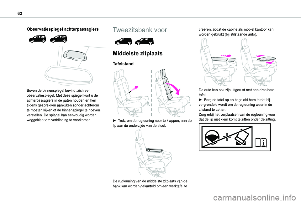 TOYOTA PROACE CITY VERSO 2022  Instructieboekje (in Dutch) 62
Observatiespiegel achterpassagiers 
  
 
Boven de binnenspiegel bevindt zich een observatiespiegel. Met deze spiegel kunt u de achterpassagiers in de gaten houden en hen tijdens gesprekken aankijke