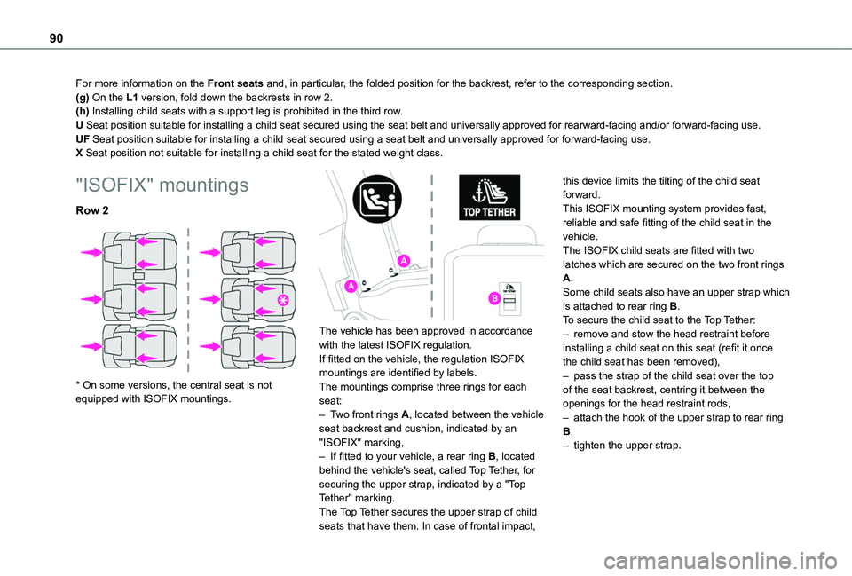 TOYOTA PROACE CITY VERSO 2019  Owners Manual 90
For more information on the Front seats and, in particular, the folded position for the backrest, refer to the corresponding secti\
on.(g) On the L1 version, fold down the backrests in row 2.(h) In