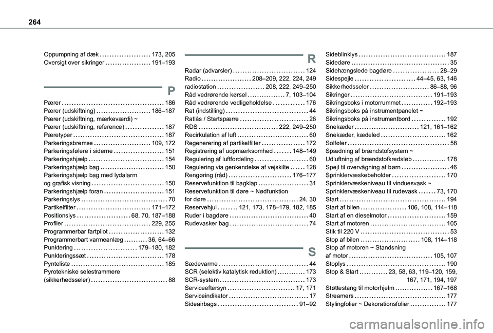 TOYOTA PROACE CITY VERSO 2019 Brugsanvisning (in Danish) 264
Oppumpning af dæk 173, 205Oversigt over sikringer 191–193
P
Pærer 186Pærer (udskiftning) 186–187Pærer (udskiftning, mærkeværdi) ~ Pærer (udskiftning, reference) 187Pæretyper TOYOTA PROACE CITY VERSO 2019 Brugsanvisning (in Danish) 264
Oppumpning af dæk 173, 205Oversigt over sikringer 191–193
P
Pærer 186Pærer (udskiftning) 186–187Pærer (udskiftning, mærkeværdi) ~ Pærer (udskiftning, reference) 187Pæretyper