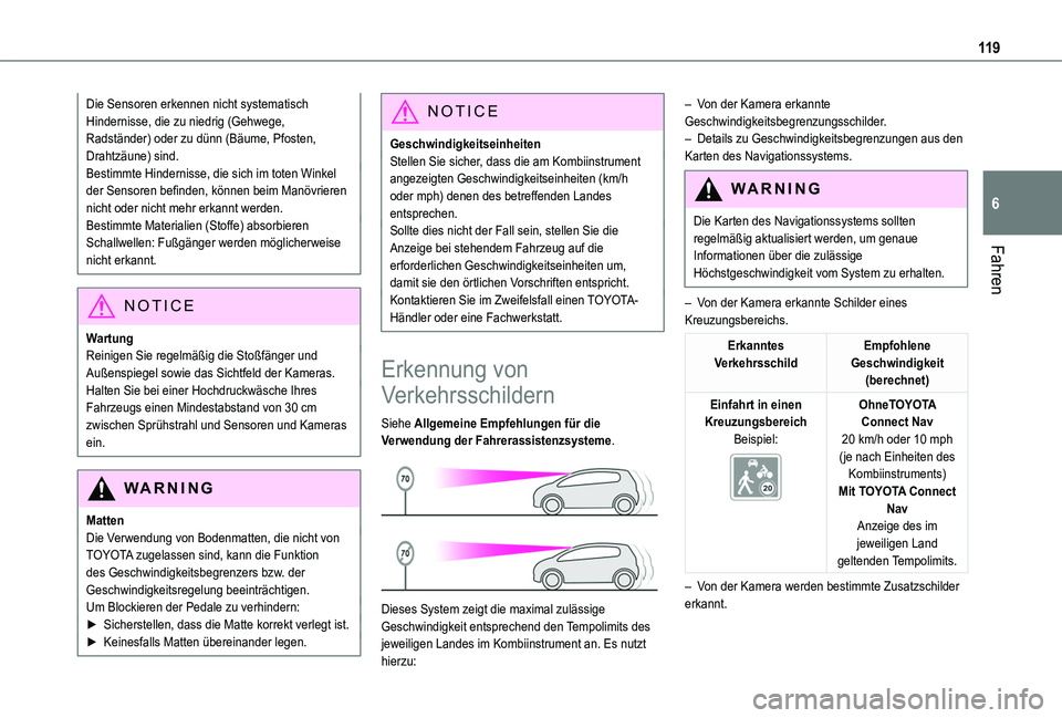 TOYOTA PROACE CITY VERSO 2019 Betriebsanleitungen (in German) 11 9
Fahren
6
Die Sensoren erkennen nicht systematisch Hindernisse, die zu niedrig (Gehwege, Radständer) oder zu dünn (Bäume, Pfosten, Drahtzäune) sind.Bestimmte Hindernisse, die sich im toten Win TOYOTA PROACE CITY VERSO 2019 Betriebsanleitungen (in German) 11 9
Fahren
6
Die Sensoren erkennen nicht systematisch Hindernisse, die zu niedrig (Gehwege, Radständer) oder zu dünn (Bäume, Pfosten, Drahtzäune) sind.Bestimmte Hindernisse, die sich im toten Win