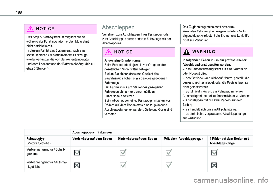 TOYOTA PROACE CITY VERSO 2019  Betriebsanleitungen (in German) 188
NOTIC E
Das Stop & Start-System ist möglicherweise während der Fahrt nach dem ersten Motorstart nicht betriebsbereit.In diesem Fall ist das System erst nach einer kontinuierlichen Stillstandszei