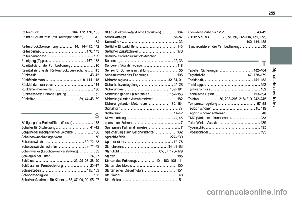 TOYOTA PROACE CITY VERSO 2019  Betriebsanleitungen (in German) 255
Alphabetischer Index
Reifendruck   164, 172, 176, 195Reifendruckkontrolle (mit Reifenpannenset)   170,   172Reifendrucküberwachung   11 4, 11 4–11 5, 172Reifenpanne   170, 173Reifenpannenset   