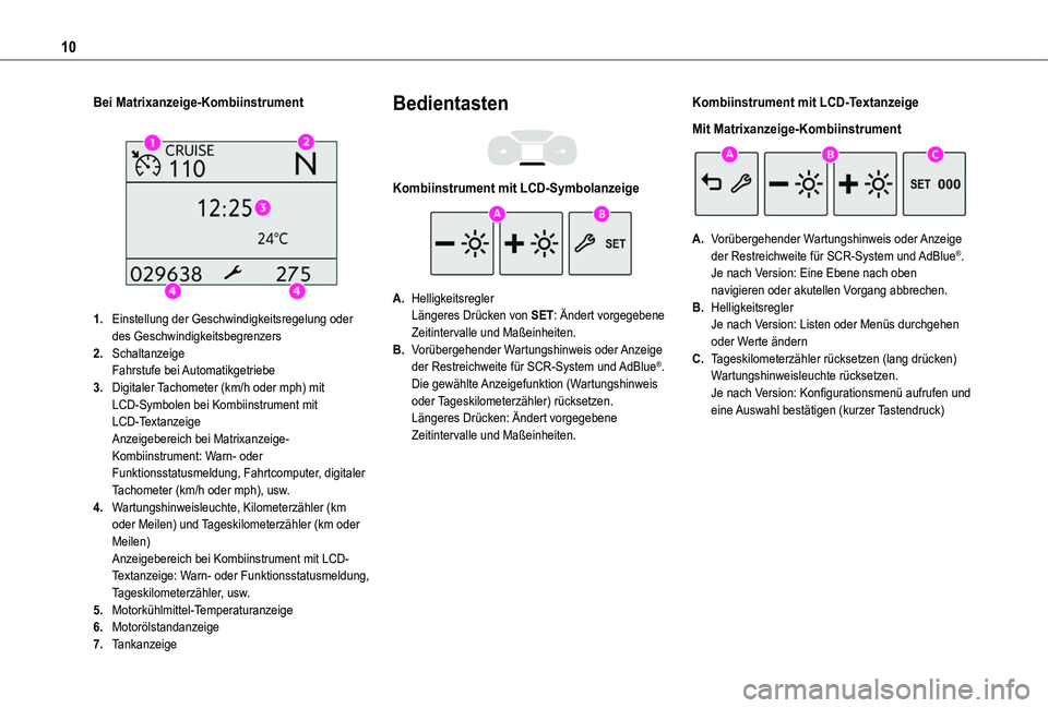 TOYOTA PROACE CITY VERSO 2019 Betriebsanleitungen (in German) 10
Bei Matrixanzeige-Kombiinstrument
1.Einstellung der Geschwindigkeitsregelung oder des Geschwindigkeitsbegrenzers
2.SchaltanzeigeFahrstufe bei Automatikgetriebe
3.Digitaler Tachometer (km/h oder TOYOTA PROACE CITY VERSO 2019 Betriebsanleitungen (in German) 10
Bei Matrixanzeige-Kombiinstrument
1.Einstellung der Geschwindigkeitsregelung oder des Geschwindigkeitsbegrenzers
2.SchaltanzeigeFahrstufe bei Automatikgetriebe
3.Digitaler Tachometer (km/h oder