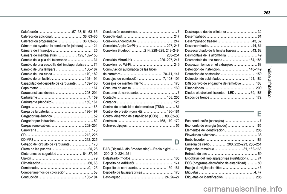 TOYOTA PROACE CITY VERSO 2019  Manual del propietario (in Spanish) 263
Índice alfabético
Calefacción   57–58, 61, 63–65Calefacción adicional   36, 63–65Calefacción programable   36, 63–65Cámara de ayuda a la conducción (alertas)   124Cámara de infrarr