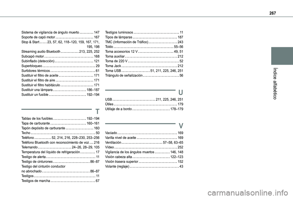 TOYOTA PROACE CITY VERSO 2019  Manual del propietario (in Spanish) 267
Índice alfabético
Sistema de vigilancia de ángulo muerto   147Soporte de capó motor   167Stop & Start   23, 57, 62, 11 8–120, 159, 167, 171,  195, 198Streaming audio Bluetooth   213, 225, 25