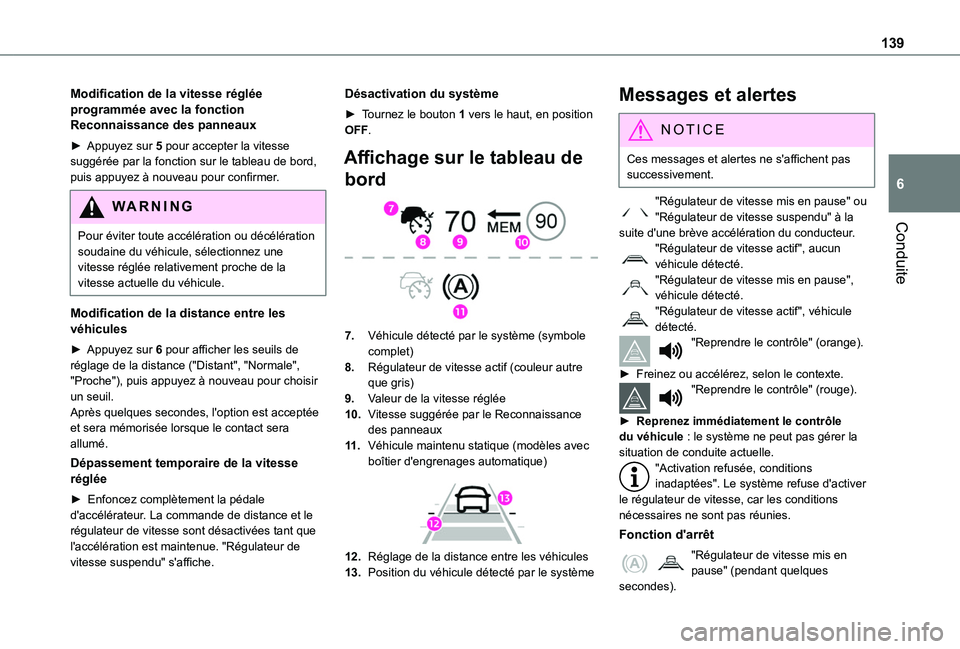 TOYOTA PROACE CITY VERSO 2019  Manuel du propriétaire (in French) 139
Conduite
6
Modification de la vitesse réglée programmée avec la fonction Reconnaissance des panneaux
► Appuyez sur 5 pour accepter la vitesse suggérée par la fonction sur le tableau de bord