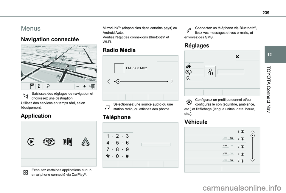 TOYOTA PROACE CITY VERSO 2019  Manuel du propriétaire (in French) 239
TOYOTA Connect Nav
12
Menus
Navigation connectée 
 
Saisissez des réglages de navigation et choisissez une destination.Utilisez des services en temps réel, selon l'équipement.
Application 