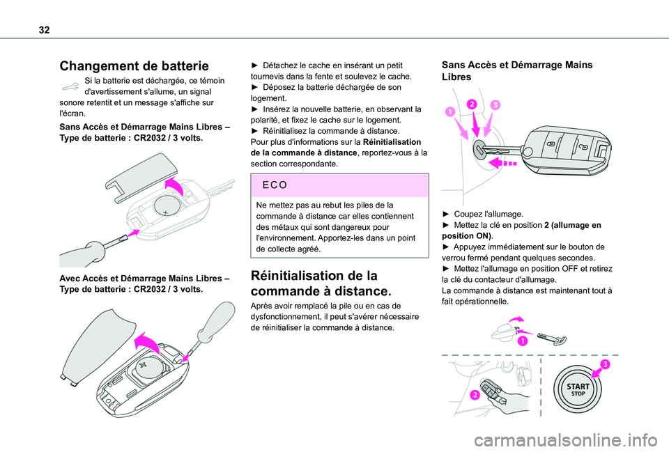 TOYOTA PROACE CITY VERSO 2019  Manuel du propriétaire (in French) 32
Changement de batterie
Si la batterie est déchargée, ce témoin d'avertissement s'allume, un signal sonore retentit et un message s'affiche sur l'écran.
Sans Accès et Démarrage