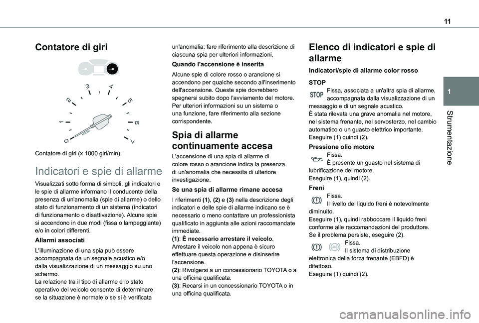 TOYOTA PROACE CITY VERSO 2019 Manuale duso (in Italian) 11
Strumentazione
1
Contatore di giri
Contatore di giri (x 1000 giri/min).
Indicatori e spie di allarme
Visualizzati sotto forma di simboli, gli indicatori e le spie di allarme informano il cond TOYOTA PROACE CITY VERSO 2019 Manuale duso (in Italian) 11
Strumentazione
1
Contatore di giri
Contatore di giri (x 1000 giri/min).
Indicatori e spie di allarme
Visualizzati sotto forma di simboli, gli indicatori e le spie di allarme informano il cond