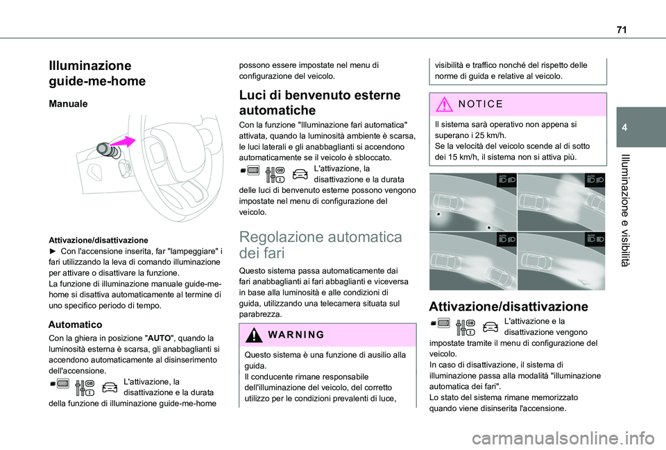 TOYOTA PROACE CITY VERSO 2019 Manuale duso (in Italian) 71
Illuminazione e visibilità
4
Illuminazione
guide-me-home
Manuale
Attivazione/disattivazione► Con l'accensione inserita, far "lampeggiare" i fari utilizzando la leva di comando il TOYOTA PROACE CITY VERSO 2019 Manuale duso (in Italian) 71
Illuminazione e visibilità
4
Illuminazione
guide-me-home
Manuale
Attivazione/disattivazione► Con l'accensione inserita, far "lampeggiare" i fari utilizzando la leva di comando il