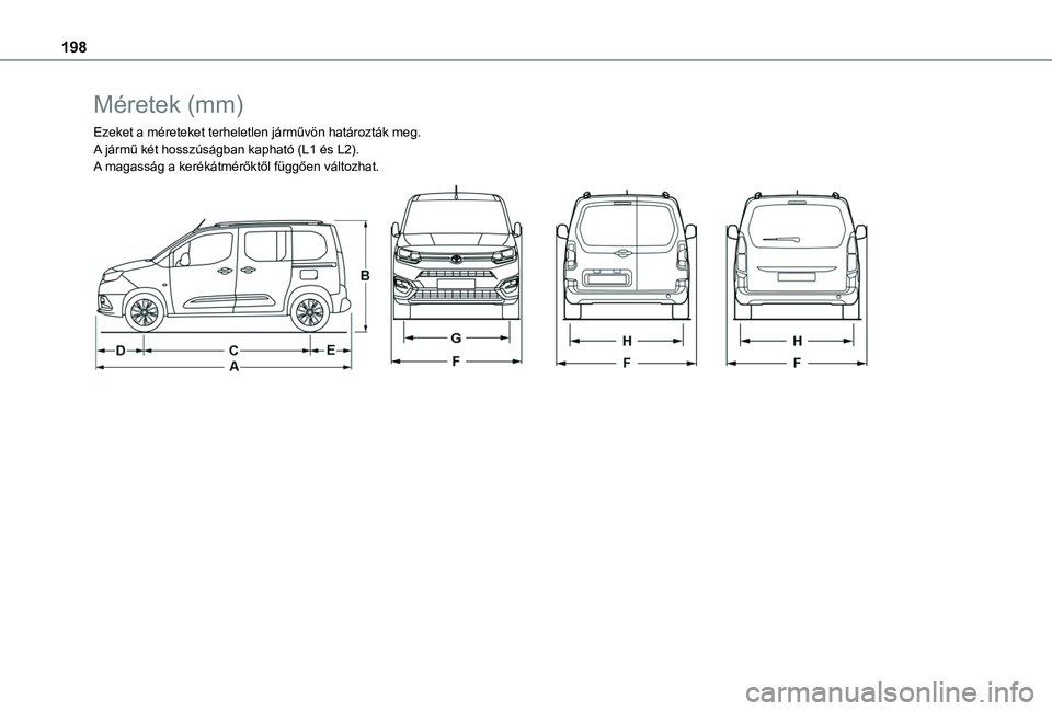 TOYOTA PROACE CITY VERSO 2019  Kezelési útmutató (in Hungarian) 198
Méretek (mm)
Ezeket a méreteket terheletlen járművön határozták meg.A jármű két hosszúságban kapható (L1 és L2).A magasság a kerékátmérőktől függően változhat. 
   