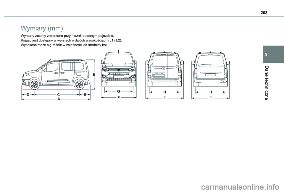 TOYOTA PROACE CITY VERSO 2019  Instrukcja obsługi (in Polish) 203
Dane techniczne
9
Wymiary (mm)
Wymiary zostały zmierzone przy niezaładowanym pojeździe.Pojazd jest dostępny w wersjach o dwóch wysokościach (L1 i L2).Wysokość może się różnić w zależ