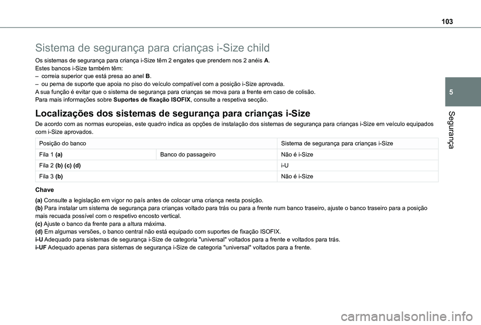 TOYOTA PROACE CITY VERSO 2019 Manual de utilização (in Portuguese) 103
Segurança
5
Sistema de segurança para crianças i-Size child
Os sistemas de segurança para criança i-Size têm 2 engates que prendem nos 2 anéis A.Estes bancos i-Size também têm:– correia TOYOTA PROACE CITY VERSO 2019 Manual de utilização (in Portuguese) 103
Segurança
5
Sistema de segurança para crianças i-Size child
Os sistemas de segurança para criança i-Size têm 2 engates que prendem nos 2 anéis A.Estes bancos i-Size também têm:– correia