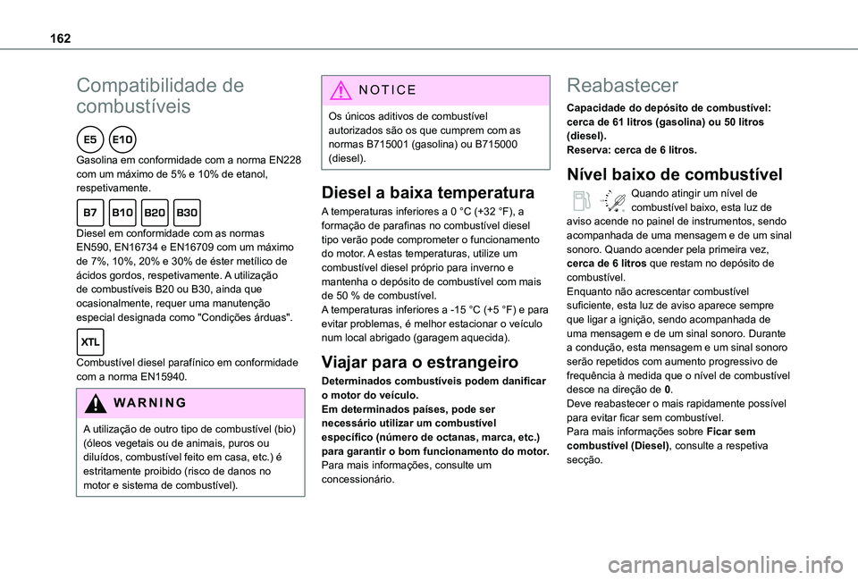 TOYOTA PROACE CITY VERSO 2019 Manual de utilização (in Portuguese) 162
Compatibilidade de
combustíveis
Gasolina em conformidade com a norma EN228 com um máximo de 5% e 10% de etanol, respetivamente.
Diesel em conformidade com as normas EN590, EN16734 e EN16709 TOYOTA PROACE CITY VERSO 2019 Manual de utilização (in Portuguese) 162
Compatibilidade de
combustíveis
Gasolina em conformidade com a norma EN228 com um máximo de 5% e 10% de etanol, respetivamente.
Diesel em conformidade com as normas EN590, EN16734 e EN16709