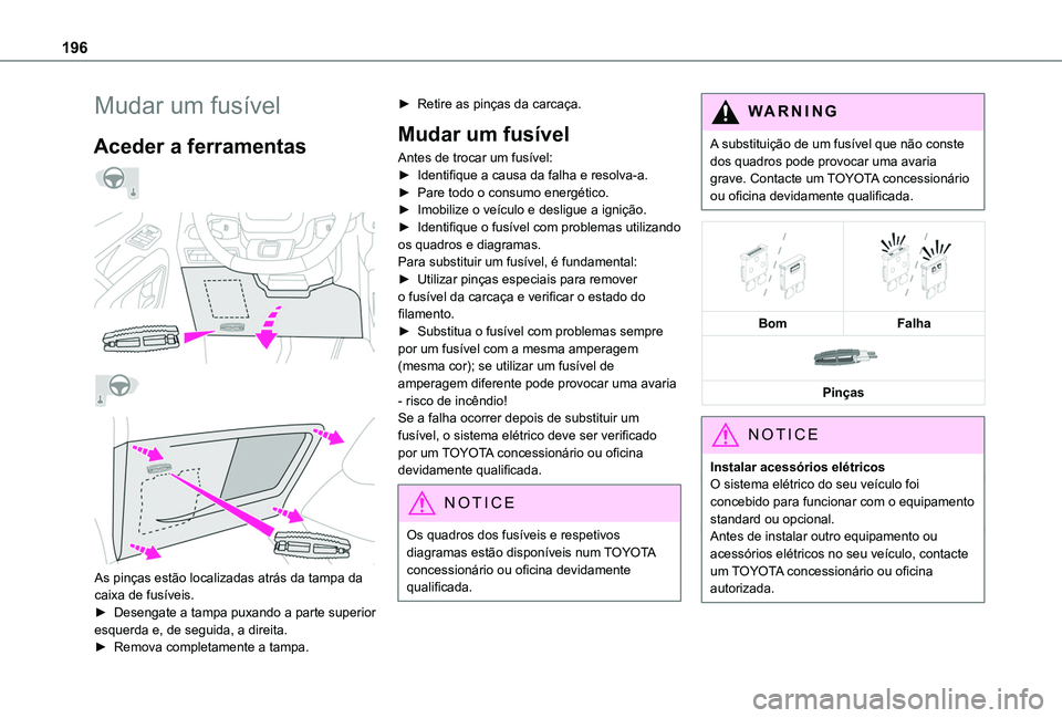 TOYOTA PROACE CITY VERSO 2019  Manual de utilização (in Portuguese) 196
Mudar um fusível
Aceder a ferramentas 
  
  
  
 
As pinças estão localizadas atrás da tampa da caixa de fusíveis.
► Desengate a tampa puxando a parte superior esquerda e, de seguida, a dir