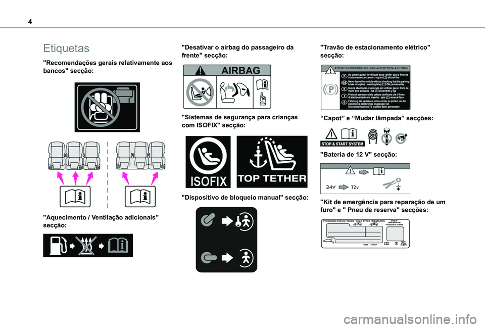 TOYOTA PROACE CITY VERSO 2019  Manual de utilização (in Portuguese) 4
Etiquetas
"Recomendações gerais relativamente aos bancos" secção: 
  
 
"Aquecimento / Ventilação adicionais" secção: 
 
"Desativar o airbag do passageiro da frente" 