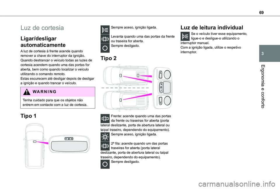 TOYOTA PROACE CITY VERSO 2019 Manual de utilização (in Portuguese) 69
Ergonomia e conforto
3
Luz de cortesia
Ligar/desligar
automaticamente
A luz de cortesia à frente acende quando remover a chave do interruptor da ignição.Quando destrancar o veículo todas as lu TOYOTA PROACE CITY VERSO 2019 Manual de utilização (in Portuguese) 69
Ergonomia e conforto
3
Luz de cortesia
Ligar/desligar
automaticamente
A luz de cortesia à frente acende quando remover a chave do interruptor da ignição.Quando destrancar o veículo todas as lu