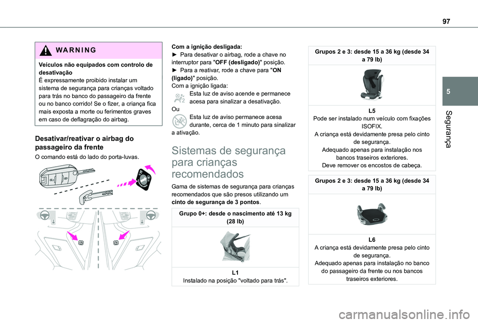 TOYOTA PROACE CITY VERSO 2019 Manual de utilização (in Portuguese) 97
Segurança
5
WARNI NG
Veículos não equipados com controlo de desativaçãoÉ expressamente proibido instalar um sistema de segurança para crianças voltado para trás no banco do passageiro da f TOYOTA PROACE CITY VERSO 2019 Manual de utilização (in Portuguese) 97
Segurança
5
WARNI NG
Veículos não equipados com controlo de desativaçãoÉ expressamente proibido instalar um sistema de segurança para crianças voltado para trás no banco do passageiro da f