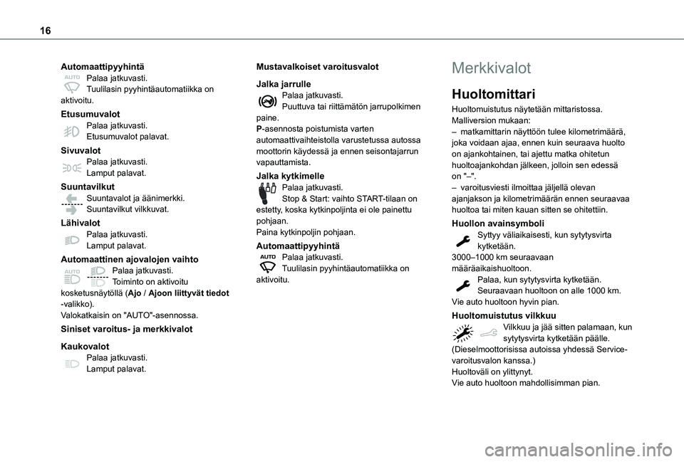 TOYOTA PROACE CITY VERSO 2019  Omistajan Käsikirja (in Finnish) 16
AutomaattipyyhintäPalaa jatkuvasti.Tuulilasin pyyhintäautomatiikka on aktivoitu.
EtusumuvalotPalaa jatkuvasti.Etusumuvalot palavat.
SivuvalotPalaa jatkuvasti.Lamput palavat.
SuuntavilkutSuuntaval