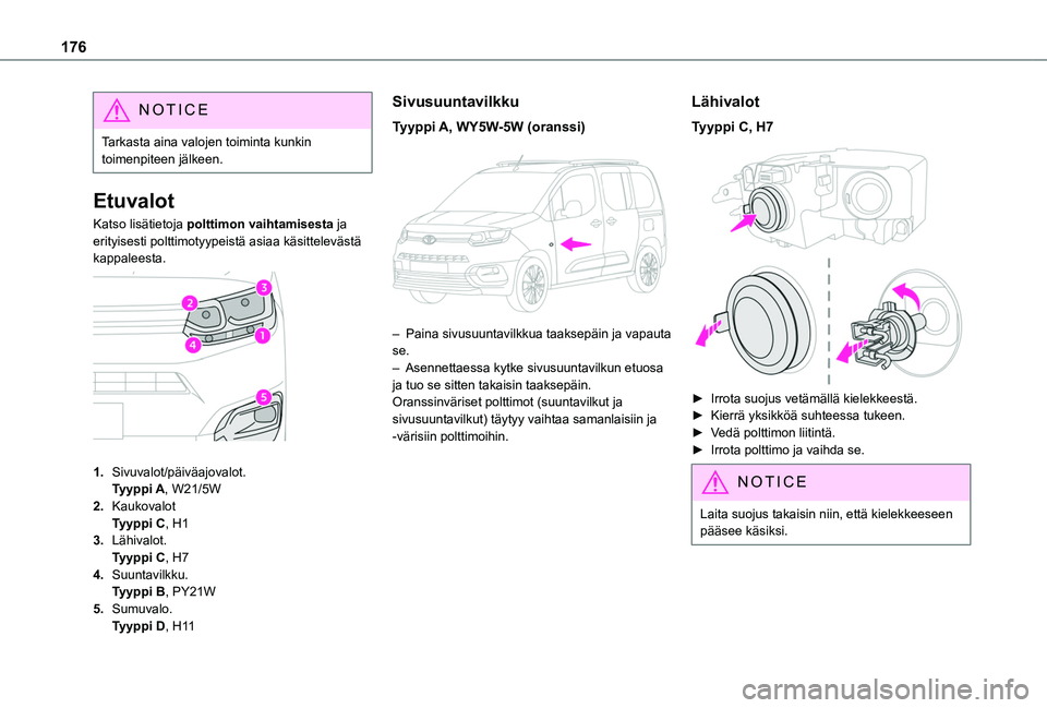 TOYOTA PROACE CITY VERSO 2019  Omistajan Käsikirja (in Finnish) 176
NOTIC E
Tarkasta aina valojen toiminta kunkin toimenpiteen jälkeen.
Etuvalot
Katso lisätietoja polttimon vaihtamisesta ja erityisesti polttimotyypeistä asiaa käsittelevästä kappaleesta. 
 
1