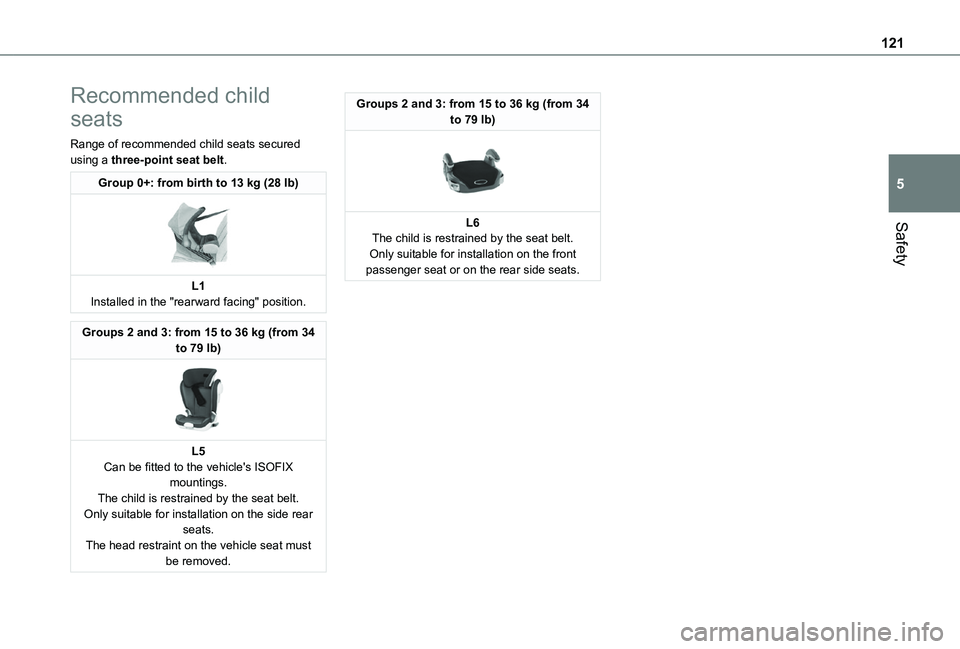 TOYOTA PROACE CITY VERSO EV 2022  Owners Manual 121
Safety
5
Recommended child 
seats
Range of recommended child seats secured using a three-point seat belt.
Group 0+: from birth to 13 kg (28 lb) 
 
L1Installed in the "rearward facing" posi