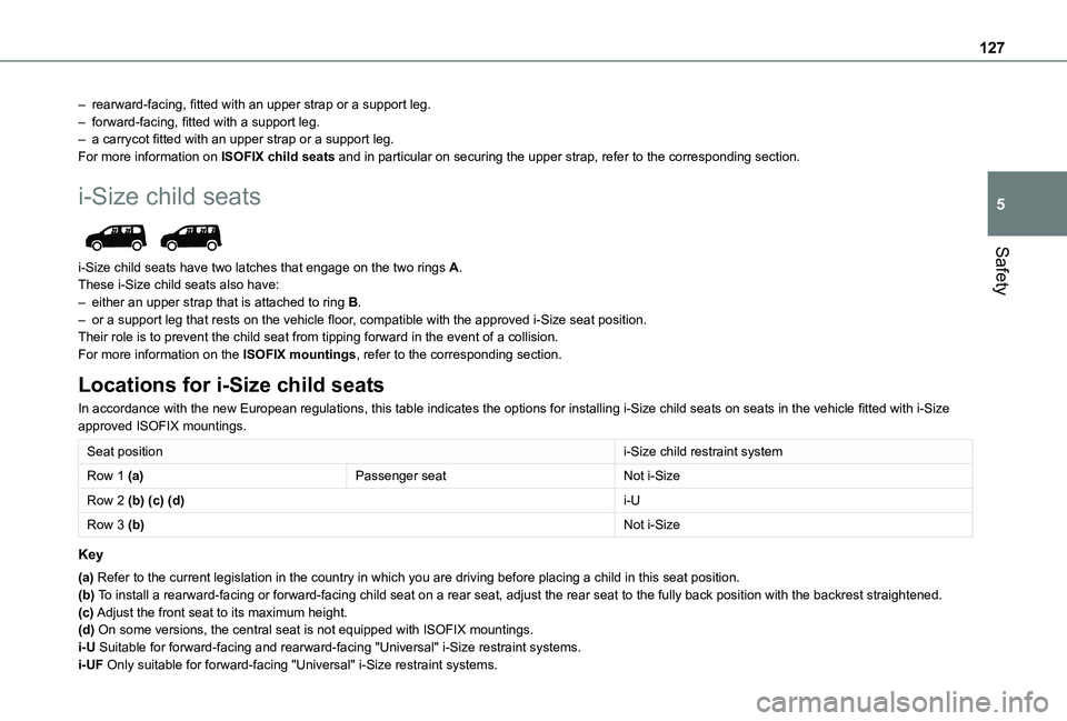 TOYOTA PROACE CITY VERSO EV 2022  Owners Manual 127
Safety
5
– rearward-facing, fitted with an upper strap or a support leg.– forward-facing, fitted with a support leg.– a carrycot fitted with an upper strap or a support leg.For more informat
