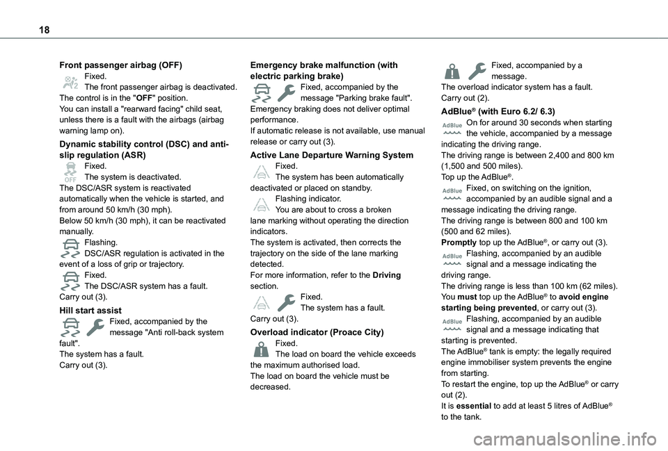 TOYOTA PROACE CITY VERSO EV 2022 Owners Manual 18
Front passenger airbag (OFF)Fixed.The front passenger airbag is deactivated.The control is in the "OFF" position.You can install a "rearward facing" child seat, unless there is a fa TOYOTA PROACE CITY VERSO EV 2022 Owners Manual 18
Front passenger airbag (OFF)Fixed.The front passenger airbag is deactivated.The control is in the "OFF" position.You can install a "rearward facing" child seat, unless there is a fa