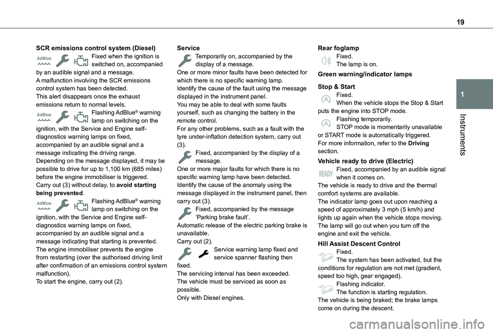 TOYOTA PROACE CITY VERSO EV 2022 Owners Manual 19
Instruments
1
SCR emissions control system (Diesel)Fixed when the ignition is switched on, accompanied by an audible signal and a message.A malfunction involving the SCR emissions control system ha TOYOTA PROACE CITY VERSO EV 2022 Owners Manual 19
Instruments
1
SCR emissions control system (Diesel)Fixed when the ignition is switched on, accompanied by an audible signal and a message.A malfunction involving the SCR emissions control system ha