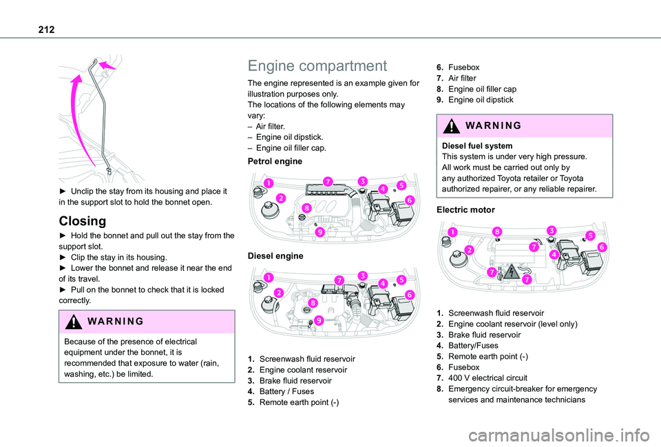 TOYOTA PROACE CITY VERSO EV 2022  Owners Manual 212
 
► Unclip the stay from its housing and place it in the support slot to hold the bonnet open.
Closing
► Hold the bonnet and pull out the stay from the support slot.► Clip the stay in its ho