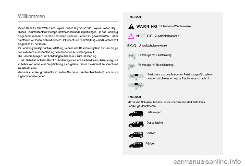 TOYOTA PROACE CITY VERSO EV 2022 Betriebsanleitungen (in German)
Willkommen
Vielen Dank für Ihre Wahl eines Toyota Proace City Verso oder Toyota Proace City.Dieses Dokument enthält wichtige Informationen und Empfeh TOYOTA PROACE CITY VERSO EV 2022 Betriebsanleitungen (in German)
Willkommen
Vielen Dank für Ihre Wahl eines Toyota Proace City Verso oder Toyota Proace City.Dieses Dokument enthält wichtige Informationen und Empfeh