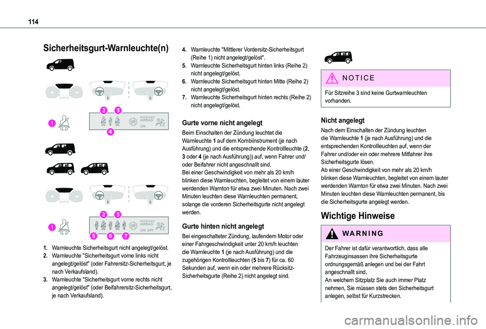 TOYOTA PROACE CITY VERSO EV 2022 Betriebsanleitungen (in German) 11 4
Sicherheitsgurt-Warnleuchte(n)
1.Warnleuchte Sicherheitsgurt nicht angelegt/gelöst.
2.Warnleuchte "Sicherheitsgurt vorne links nicht angelegt/gelöst" (oder Fahrersitz-Sic TOYOTA PROACE CITY VERSO EV 2022 Betriebsanleitungen (in German) 11 4
Sicherheitsgurt-Warnleuchte(n)
1.Warnleuchte Sicherheitsgurt nicht angelegt/gelöst.
2.Warnleuchte "Sicherheitsgurt vorne links nicht angelegt/gelöst" (oder Fahrersitz-Sic