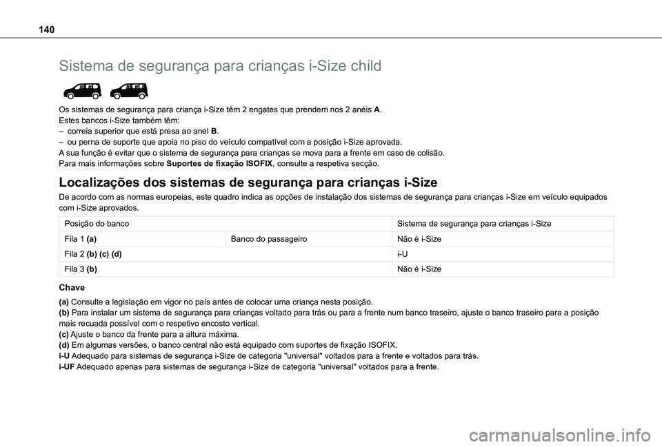 TOYOTA PROACE CITY VERSO EV 2022 Manual de utilização (in Portuguese) 140
Sistema de segurança para crianças i-Size child
Os sistemas de segurança para criança i-Size têm 2 engates que prendem nos 2 anéis A.Estes bancos i-Size também têm:– correia superior TOYOTA PROACE CITY VERSO EV 2022 Manual de utilização (in Portuguese) 140
Sistema de segurança para crianças i-Size child
Os sistemas de segurança para criança i-Size têm 2 engates que prendem nos 2 anéis A.Estes bancos i-Size também têm:– correia superior