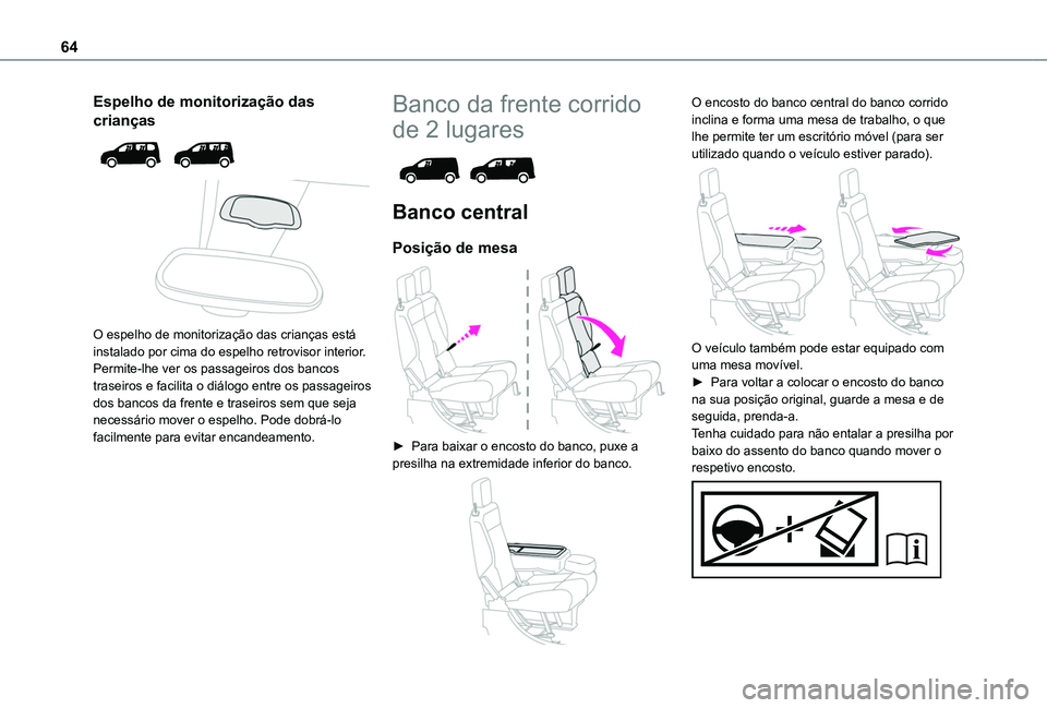 TOYOTA PROACE CITY VERSO EV 2022  Manual de utilização (in Portuguese) 64
Espelho de monitorização das 
crianças 
  
 
O espelho de monitorização das crianças está instalado por cima do espelho retrovisor interior. Permite-lhe ver os passageiros dos bancos traseir