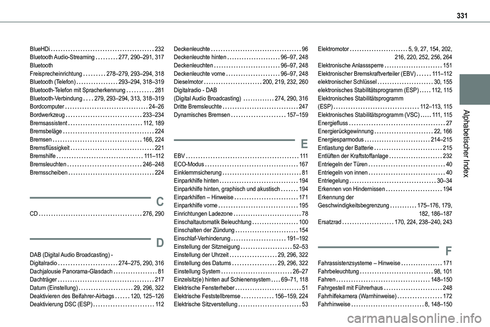TOYOTA PROACE VERSO 2023  Betriebsanleitungen (in German) 331
Alphabetischer Index
BlueHDi   232Bluetooth Audio-Streaming   277, 290–291, 317Bluetooth  Freisprecheinrichtung   278–279, 293–294, 318Bluetooth (Telefon)   293–294, 318–319Bluetooth-Tel