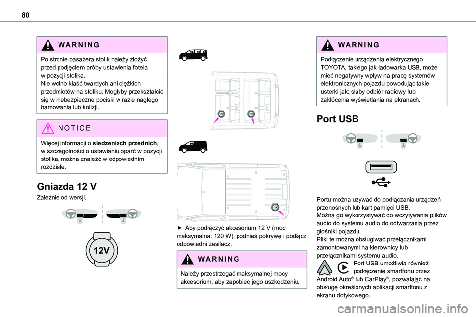 TOYOTA PROACE VERSO 2023  Instrukcja obsługi (in Polish) 80
WARNI NG
Po stronie pasażera stolik należy złożyć przed podjęciem próby ustawienia fotela w pozycji stolika.Nie wolno kłaść twardych ani ciężkich przedmiotów na stoliku. Mogłyby przek