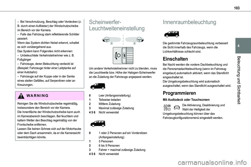 TOYOTA PROACE VERSO EV 2024 Betriebsanleitungen (in German) 103
Beleuchtung und Sichtbarkeit
4
– Bei Verschmutzung, Beschlag oder Verdecken (z. B. durch einen Aufkleber) der Windschutzscheibe im Bereich vor der Kamera.– Falls das Fahrzeug stark reflektiere TOYOTA PROACE VERSO EV 2024 Betriebsanleitungen (in German) 103
Beleuchtung und Sichtbarkeit
4
– Bei Verschmutzung, Beschlag oder Verdecken (z. B. durch einen Aufkleber) der Windschutzscheibe im Bereich vor der Kamera.– Falls das Fahrzeug stark reflektiere