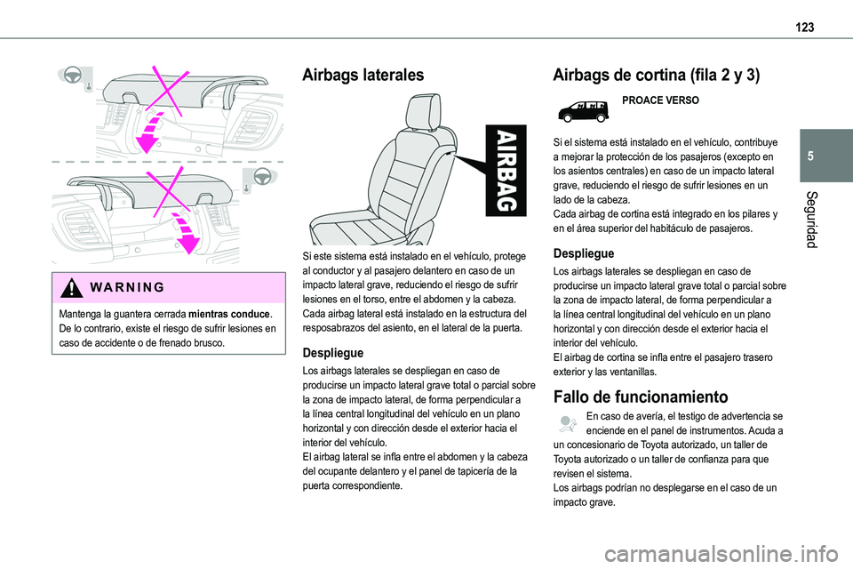 TOYOTA PROACE VERSO EV 2024 Manual del propietario (in Spanish) 123
Seguridad
5
WARNI NG
Mantenga la guantera cerrada mientras conduce. De lo contrario, existe el riesgo de sufrir lesiones en caso de accidente o de frenado brusco.
Airbags laterales
Si este si TOYOTA PROACE VERSO EV 2024 Manual del propietario (in Spanish) 123
Seguridad
5
WARNI NG
Mantenga la guantera cerrada mientras conduce. De lo contrario, existe el riesgo de sufrir lesiones en caso de accidente o de frenado brusco.
Airbags laterales
Si este si