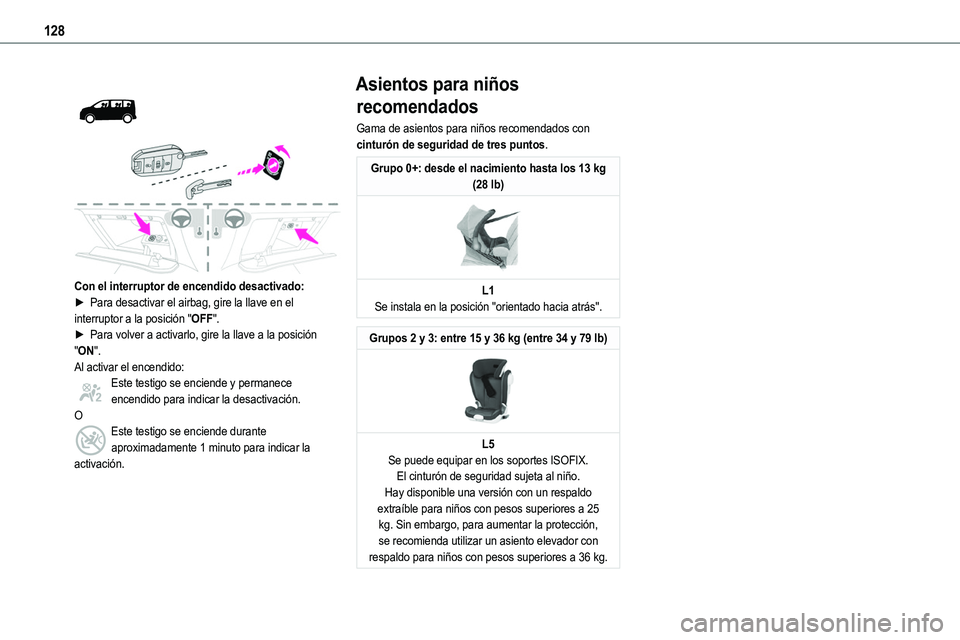 TOYOTA PROACE VERSO EV 2024  Manual del propietario (in Spanish) 128
 
  
 
Con el interruptor de encendido desactivado:► Para desactivar el airbag, gire la llave en el interruptor a la posición "OFF". ► Para volver a activarlo, gire la llave a la posi