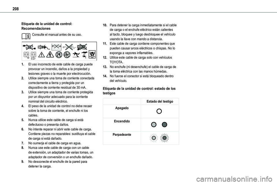 TOYOTA PROACE VERSO EV 2024 Manual del propietario (in Spanish) 208
Etiqueta de la unidad de control: Recomendaciones
Consulte el manual antes de su uso.
1.El uso incorrecto de este cable de carga puede provocar un incendio, daños a la propiedad y lesiones grave TOYOTA PROACE VERSO EV 2024 Manual del propietario (in Spanish) 208
Etiqueta de la unidad de control: Recomendaciones
Consulte el manual antes de su uso.
1.El uso incorrecto de este cable de carga puede provocar un incendio, daños a la propiedad y lesiones grave
