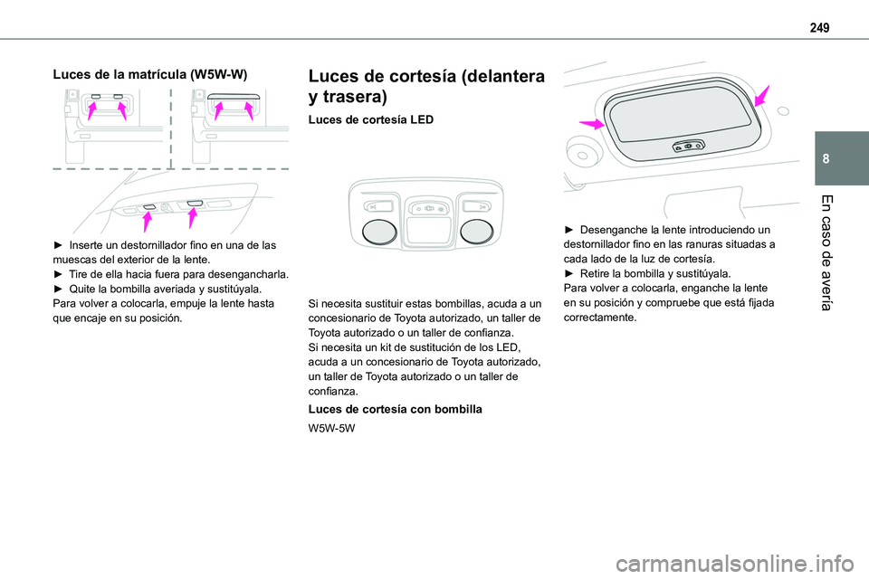 TOYOTA PROACE VERSO EV 2024  Manual del propietario (in Spanish) 249
En caso de avería
8
Luces de la matrícula (W5W-W) 
 
► Inserte un destornillador fino en una de las muescas del exterior de la lente.► Tire de ella hacia fuera para desengancharla.►  Quite