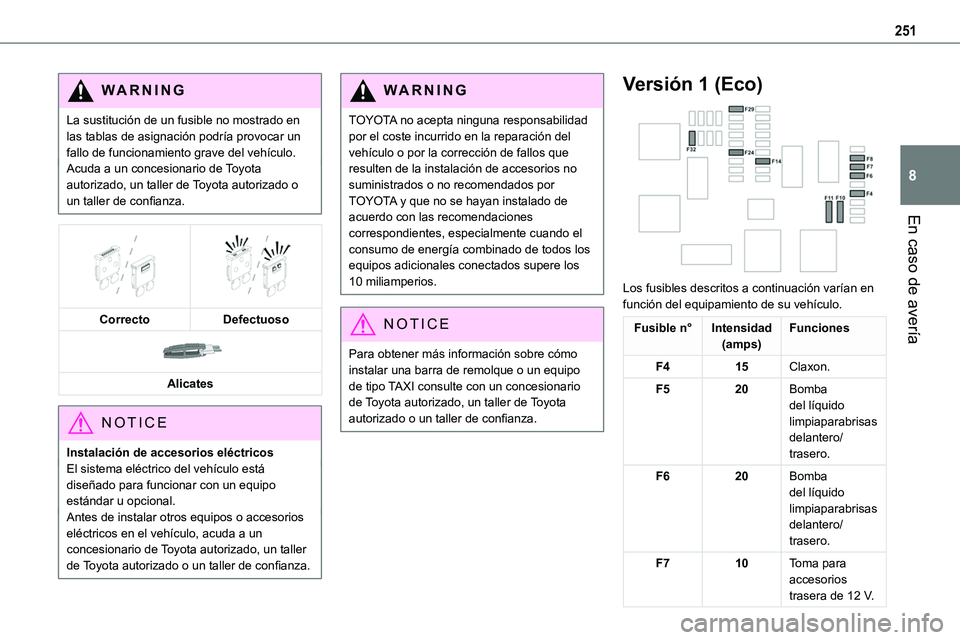 TOYOTA PROACE VERSO EV 2024 Manual del propietario (in Spanish) 251
En caso de avería
8
WARNI NG
La sustitución de un fusible no mostrado en las tablas de asignación podría provocar un fallo de funcionamiento grave del vehículo.Acuda a un concesionario de Toy TOYOTA PROACE VERSO EV 2024 Manual del propietario (in Spanish) 251
En caso de avería
8
WARNI NG
La sustitución de un fusible no mostrado en las tablas de asignación podría provocar un fallo de funcionamiento grave del vehículo.Acuda a un concesionario de Toy