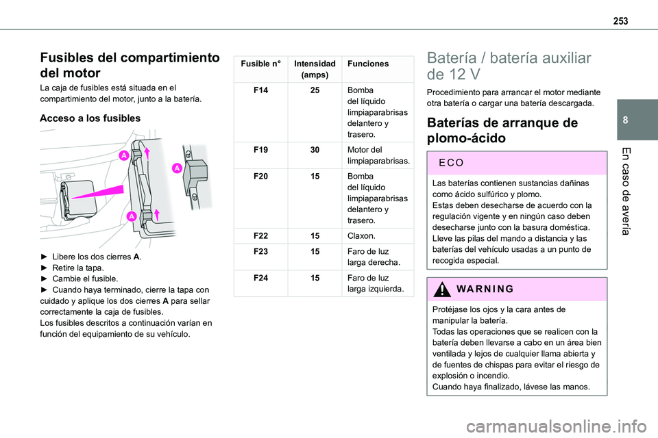 TOYOTA PROACE VERSO EV 2024 Manual del propietario (in Spanish) 253
En caso de avería
8
Fusibles del compartimiento
del motor
La caja de fusibles está situada en el compartimiento del motor, junto a la batería.
Acceso a los fusibles
► Libere los dos cierr TOYOTA PROACE VERSO EV 2024 Manual del propietario (in Spanish) 253
En caso de avería
8
Fusibles del compartimiento
del motor
La caja de fusibles está situada en el compartimiento del motor, junto a la batería.
Acceso a los fusibles
► Libere los dos cierr
