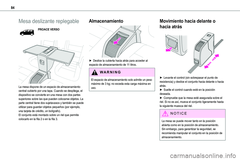 TOYOTA PROACE VERSO EV 2024 Manual del propietario (in Spanish) 84
Mesa deslizante replegable
PROACE VERSO
La mesa dispone de un espacio de almacenamiento central cubierto por una tapa. Cuando se despliega, el dispositivo se convierte en una mesa con dos parte TOYOTA PROACE VERSO EV 2024 Manual del propietario (in Spanish) 84
Mesa deslizante replegable
PROACE VERSO
La mesa dispone de un espacio de almacenamiento central cubierto por una tapa. Cuando se despliega, el dispositivo se convierte en una mesa con dos parte