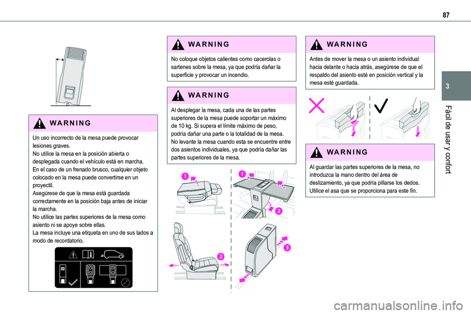 TOYOTA PROACE VERSO EV 2024 Manual del propietario (in Spanish) 87
Fácil de usar y confort
3
WARNI NG
Un uso incorrecto de la mesa puede provocar lesiones graves.No utilice la mesa en la posición abierta o desplegada cuando el vehículo está en marcha. En e TOYOTA PROACE VERSO EV 2024 Manual del propietario (in Spanish) 87
Fácil de usar y confort
3
WARNI NG
Un uso incorrecto de la mesa puede provocar lesiones graves.No utilice la mesa en la posición abierta o desplegada cuando el vehículo está en marcha. En e