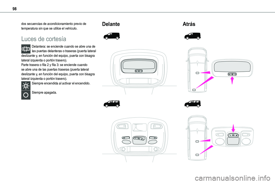 TOYOTA PROACE VERSO EV 2024  Manual del propietario (in Spanish) 98
dos secuencias de acondicionamiento previo de temperatura sin que se utilice el vehículo.
Luces de cortesía
Delantera: se enciende cuando se abre una de las puertas delanteras o traseras (puerta 