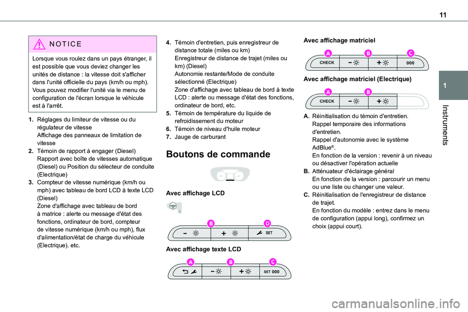 TOYOTA PROACE VERSO EV 2024 Manuel du propriétaire (in French) 11
Instruments
1
NOTIC E
Lorsque vous roulez dans un pays étranger, il est possible que vous deviez changer les unités de distance : la vitesse doit s'afficher dans l'unité officielle du pa TOYOTA PROACE VERSO EV 2024 Manuel du propriétaire (in French) 11
Instruments
1
NOTIC E
Lorsque vous roulez dans un pays étranger, il est possible que vous deviez changer les unités de distance : la vitesse doit s'afficher dans l'unité officielle du pa