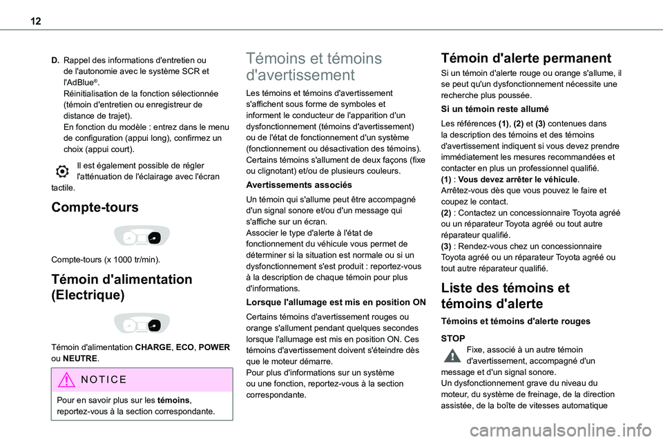 TOYOTA PROACE VERSO EV 2024 Manuel du propriétaire (in French) 12
D.Rappel des informations d'entretien ou de l'autonomie avec le système SCR et l'AdBlue®.Réinitialisation de la fonction sélectionnée (témoin d'entretien ou enregistreur de di TOYOTA PROACE VERSO EV 2024 Manuel du propriétaire (in French) 12
D.Rappel des informations d'entretien ou de l'autonomie avec le système SCR et l'AdBlue®.Réinitialisation de la fonction sélectionnée (témoin d'entretien ou enregistreur de di