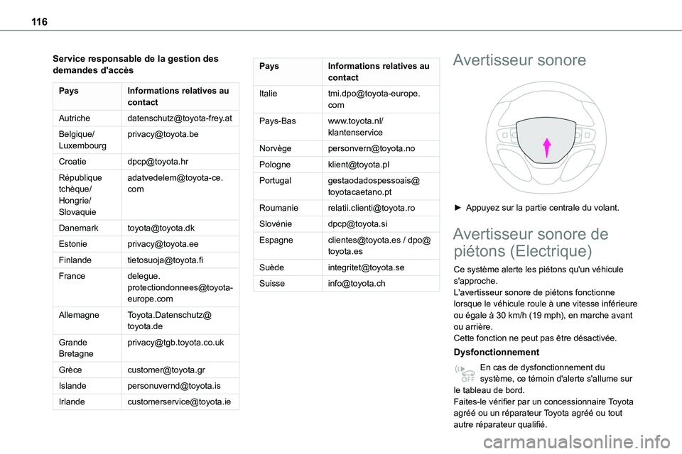 TOYOTA PROACE VERSO EV 2024  Manuel du propriétaire (in French) 11 6
Service responsable de la gestion des demandes d'accès
PaysInformations relatives au contact
Autrichedatenschutz@toyota-frey.at
Belgique/Luxembourgprivacy@toyota.be
Croatiedpcp@toyota.hr
Ré